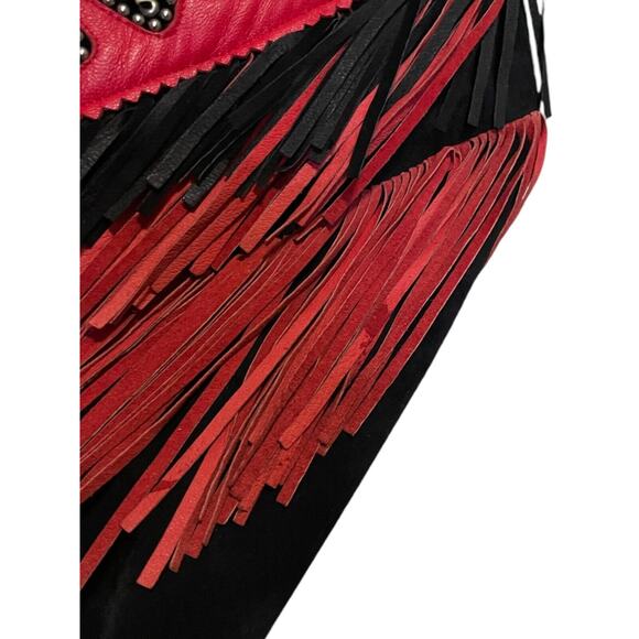 Vintage 90s Diamond Leathers Black Red Suede Fringe Western Jacket Bone Bead 12 - Picture 6 of 6